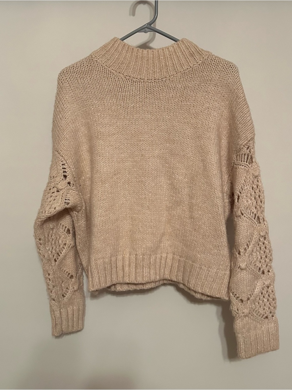 Skies Are Blue Cream Openwork Sleeve Cowl-Neck Sweater